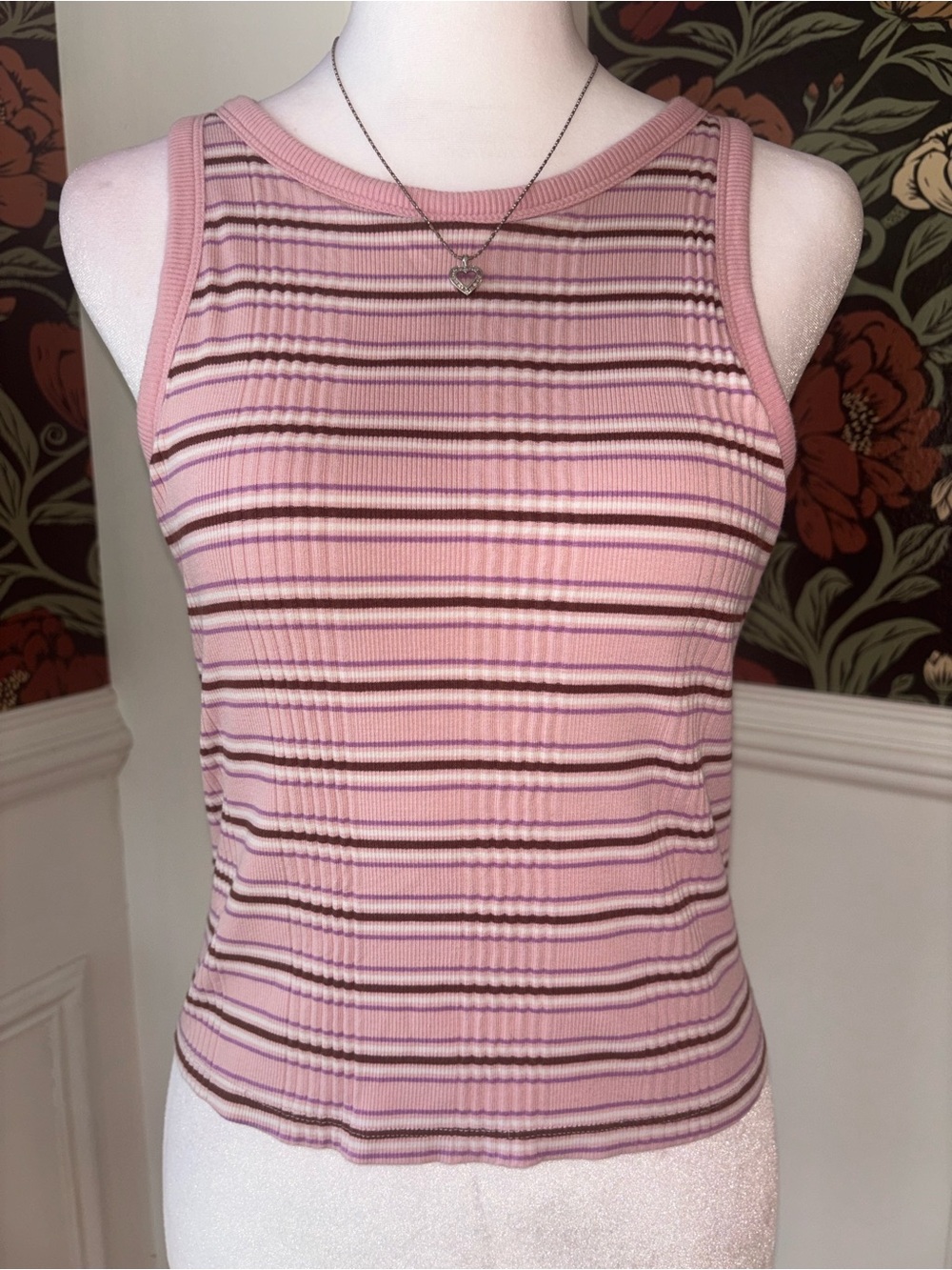 PINK Striped Ribbed Tank Top Built-In Bra Y2K Preppy - Picture 3 of 10